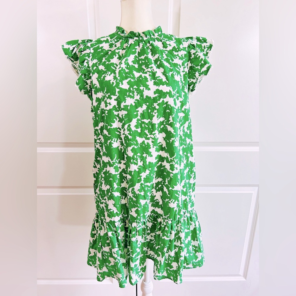 Tiered Ruffle Print Mini Dress Cotton Green White Summer Flutter Sleeve Cottage